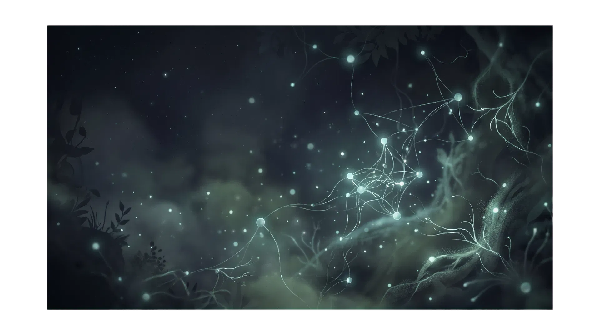 Abstract connected idea graph forming in a moonlit atmosphere